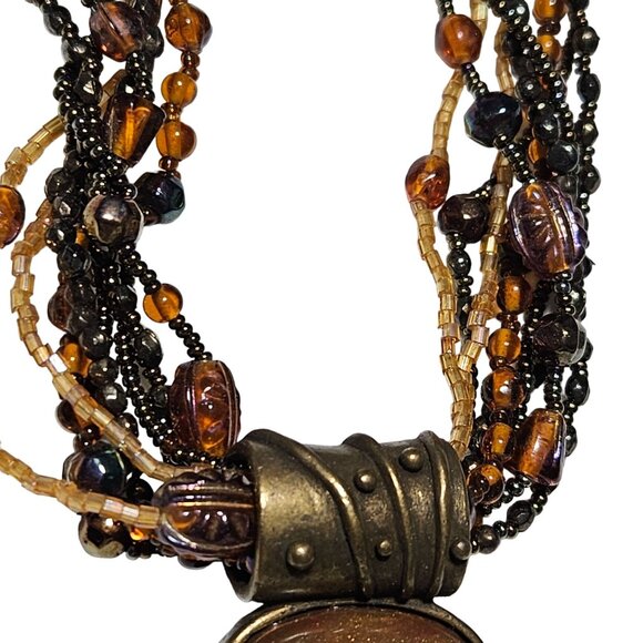 Chicos Seed Beaded Brass Tone Multi Strand Amber Pendant Statement Necklace - Picture 3 of 7